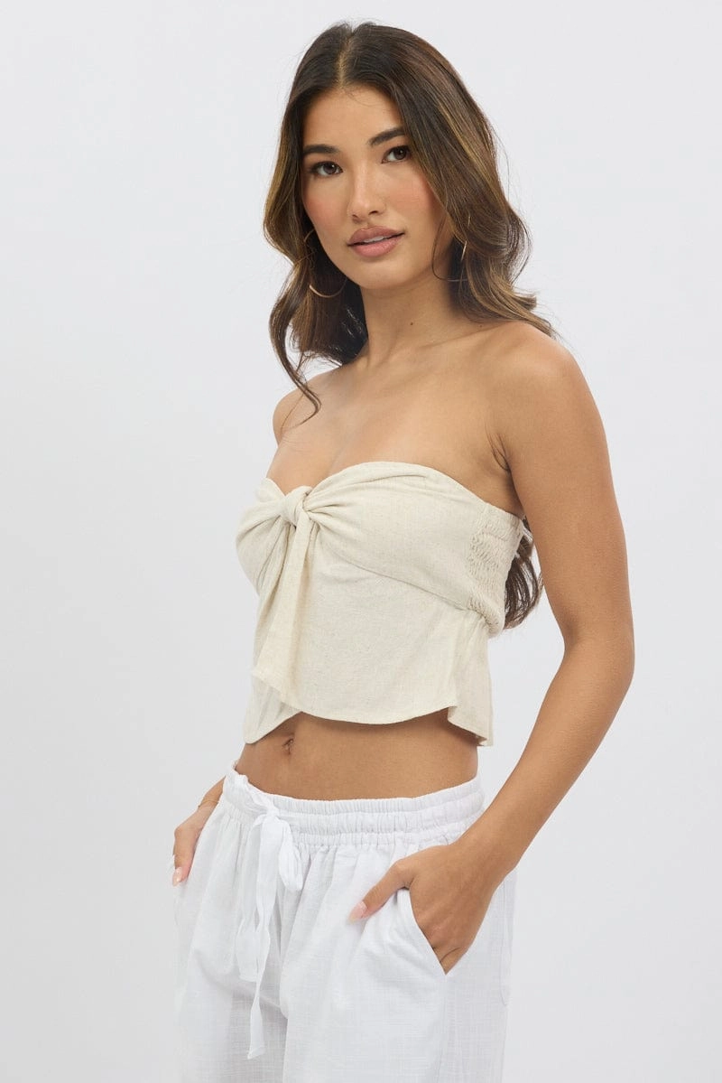 Beige Tube Top Strapless Open Front Linen Blend