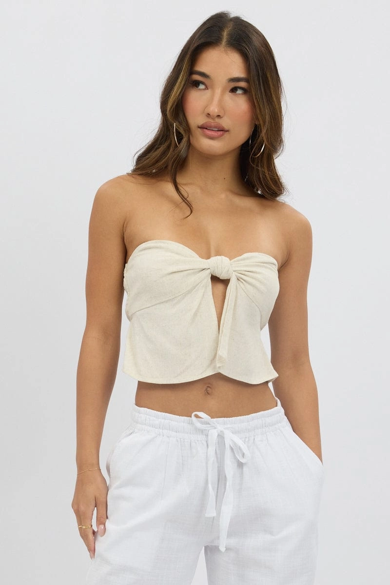 Beige Tube Top Strapless Open Front Linen Blend