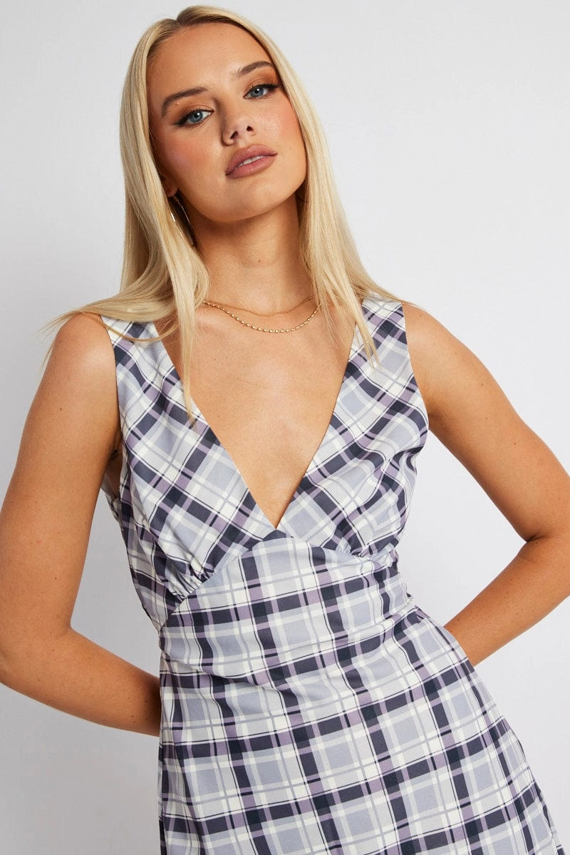 Black Check A Line Dress Sleeveless