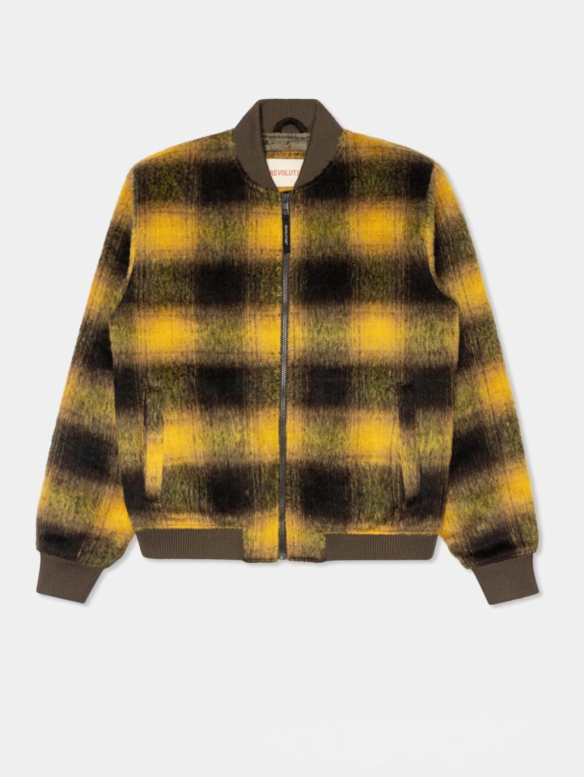 Dark Yellow Checked Fleece Bomber Jacket