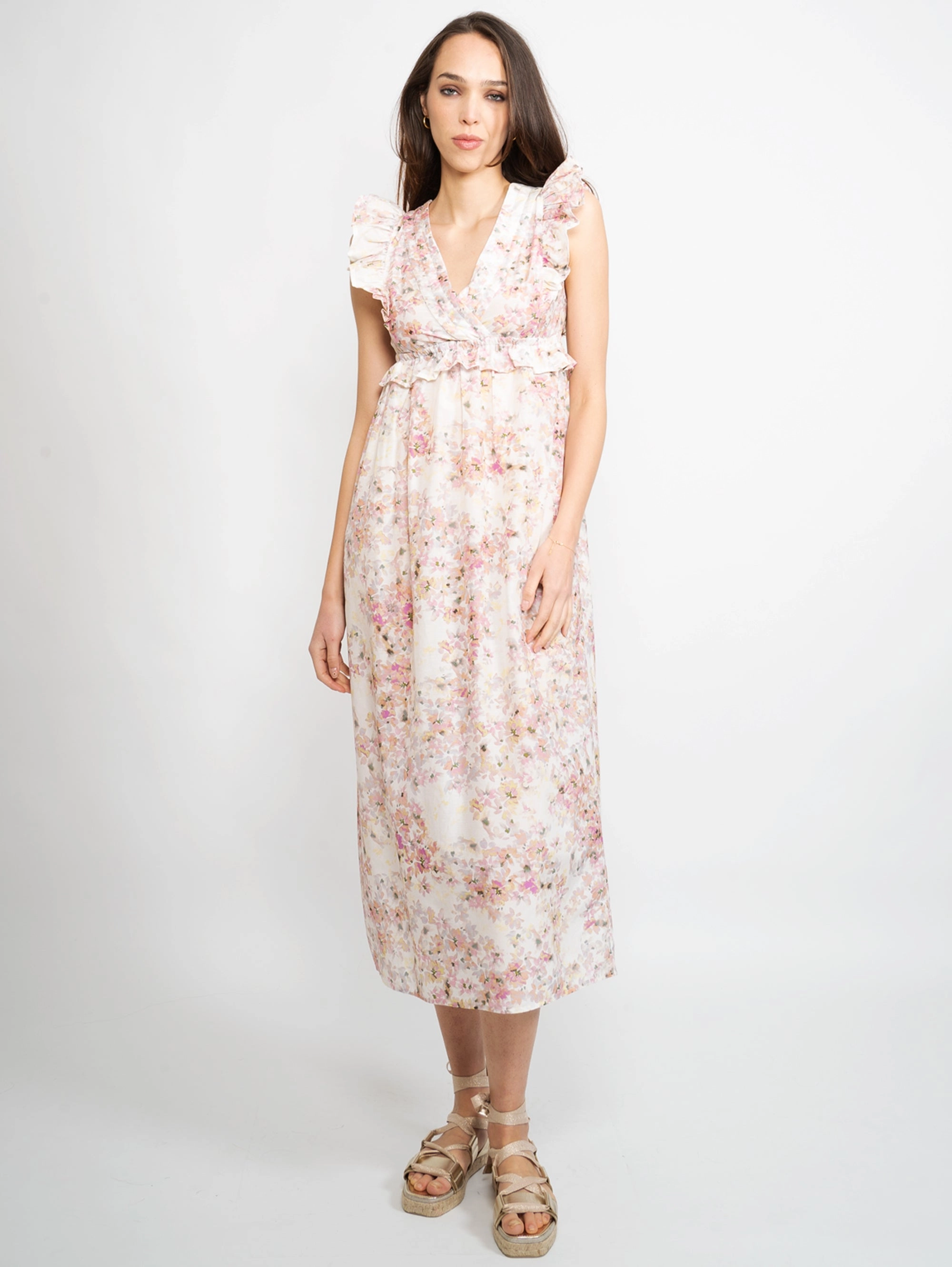 Longuette Dress with Pink Floral Pattern