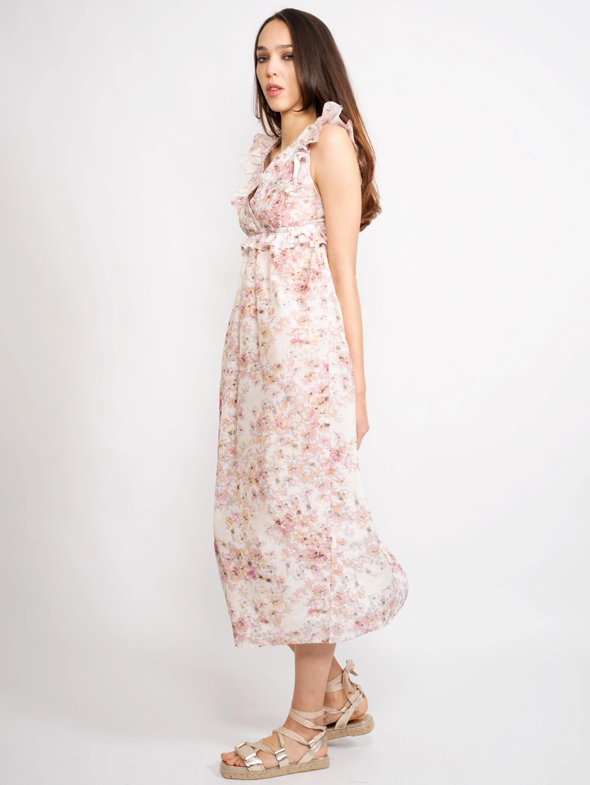 Longuette Dress with Pink Floral Pattern