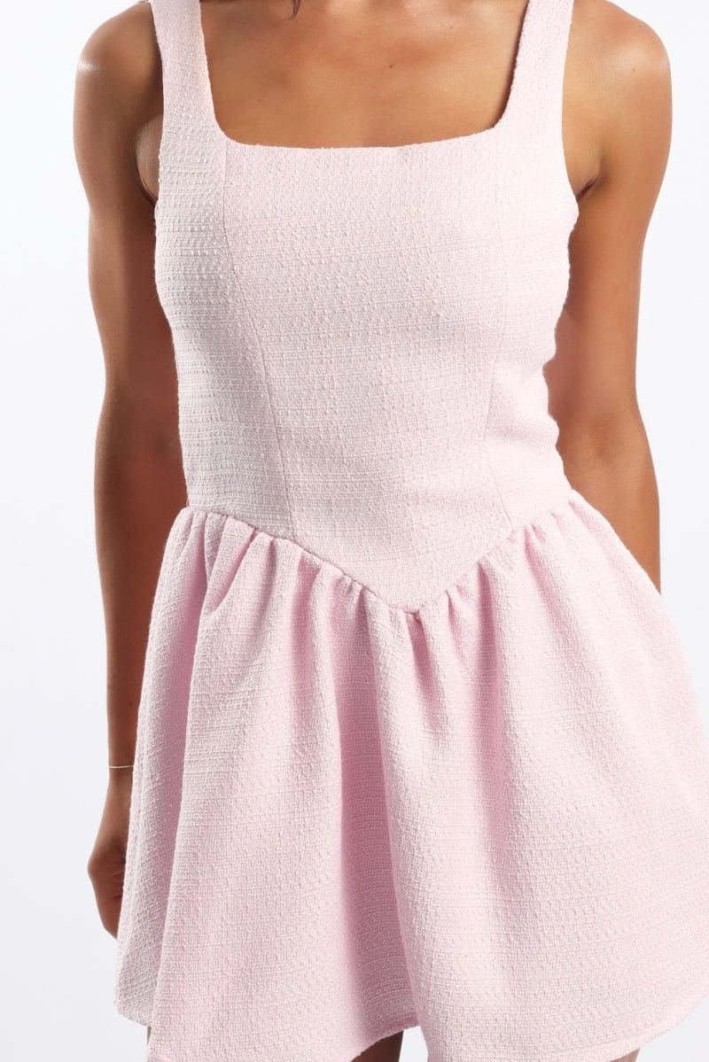Pink Mini Dress Square Neck Tweed Fabric