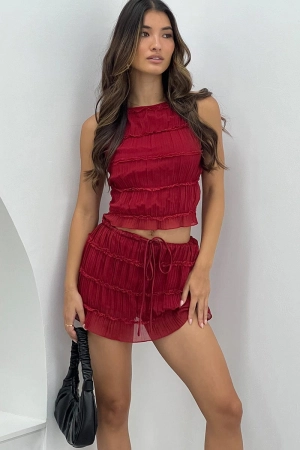 Red Mini Skirt Mid Rise Shirred Detail Lined Bloomers