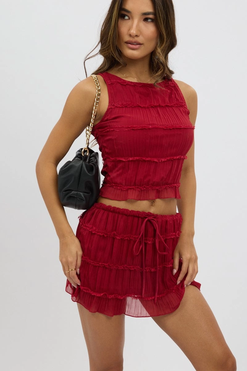 Red Mini Skirt Mid Rise Shirred Detail Lined Bloomers