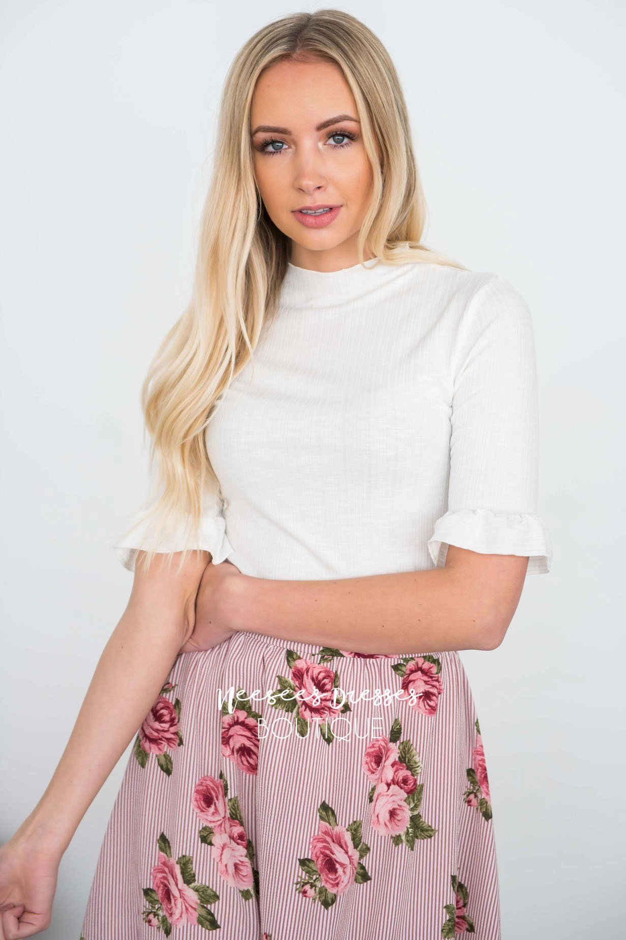 Ribbed High Neck Bell Sleeve Top