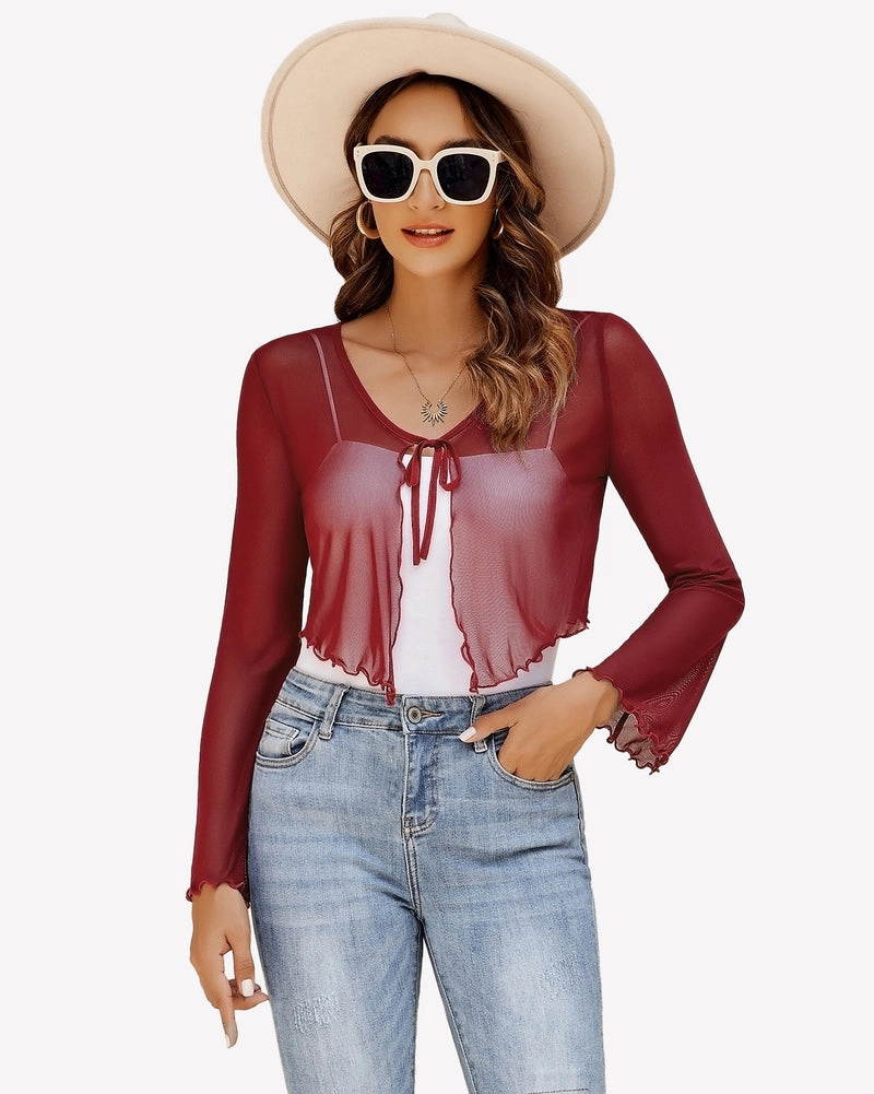 Sheer Shrug Tie Front Mesh Shawl Top