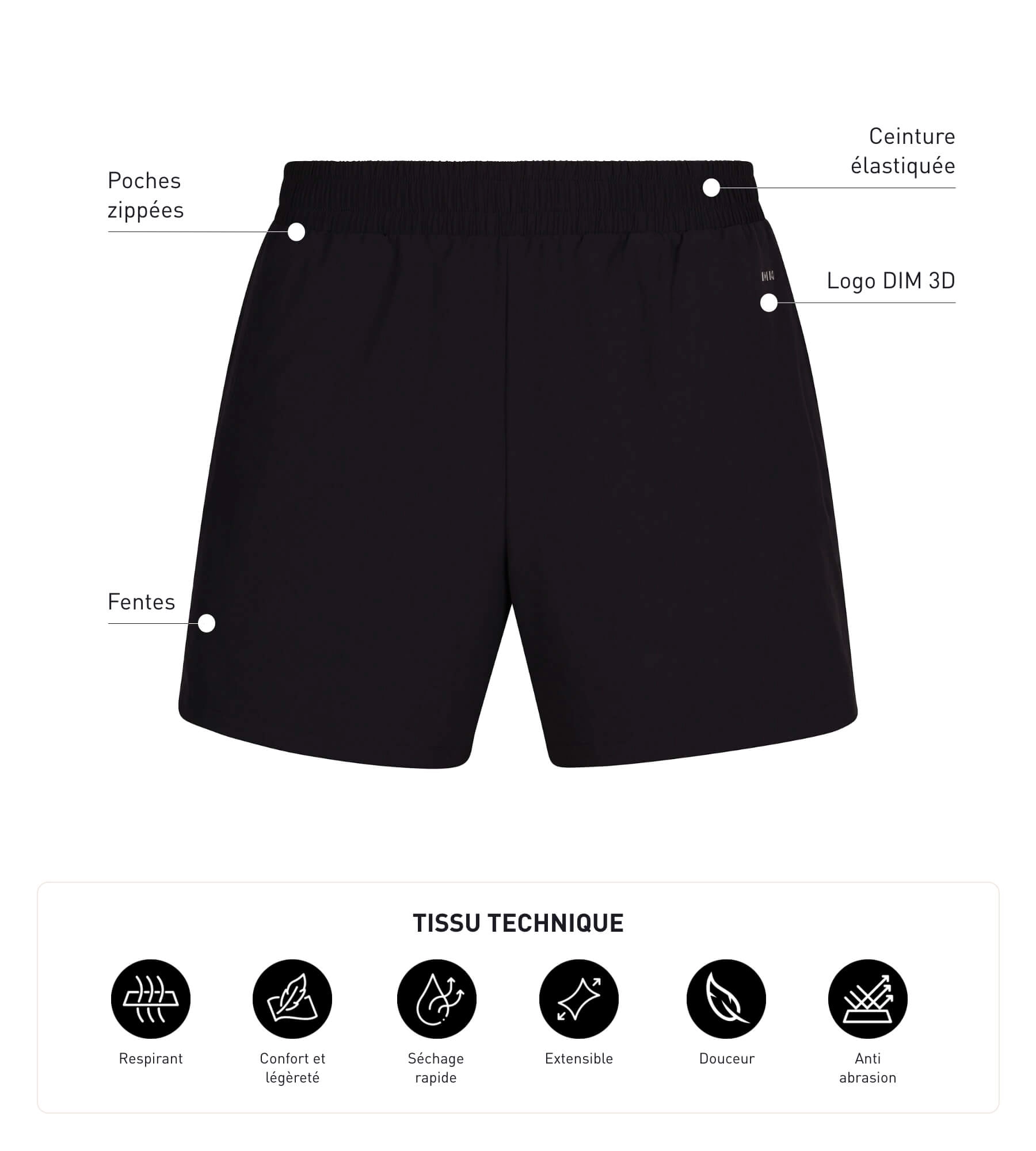Short de sport homme en matière aérée Noir Dim Move