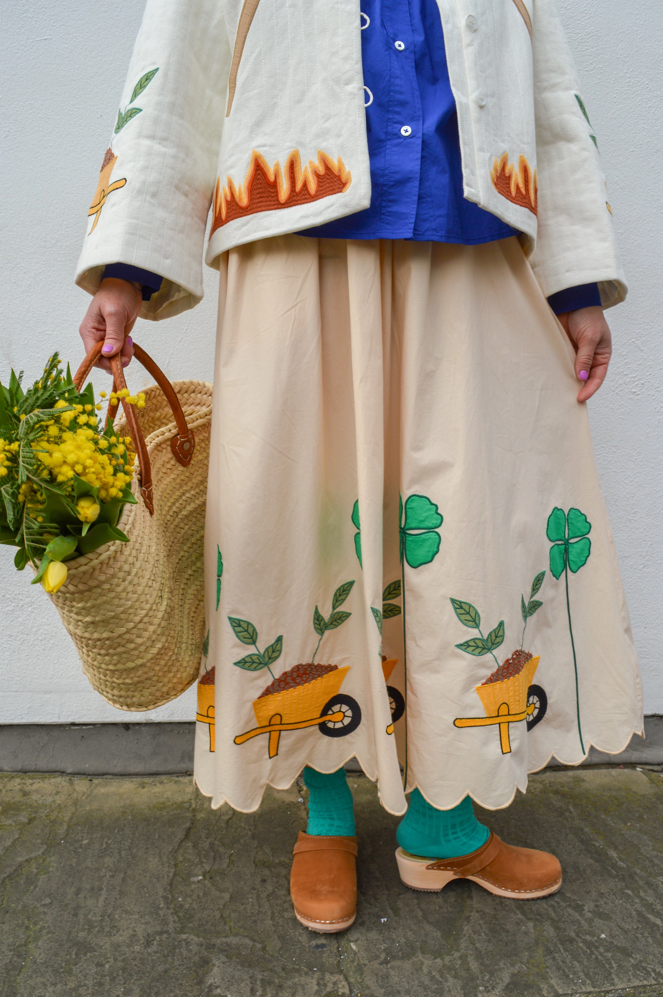 Stella Nova Embroidered Scalloped Ivory Midi Skirt