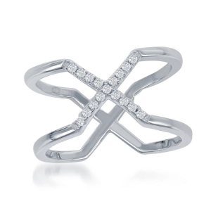 Sterling Silver Center CZ X Double Band Ring - W-1371