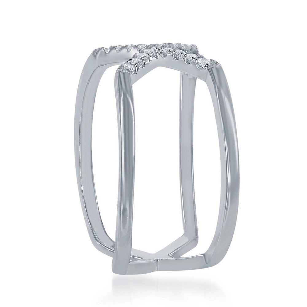 Sterling Silver Center CZ X Double Band Ring - W-1371