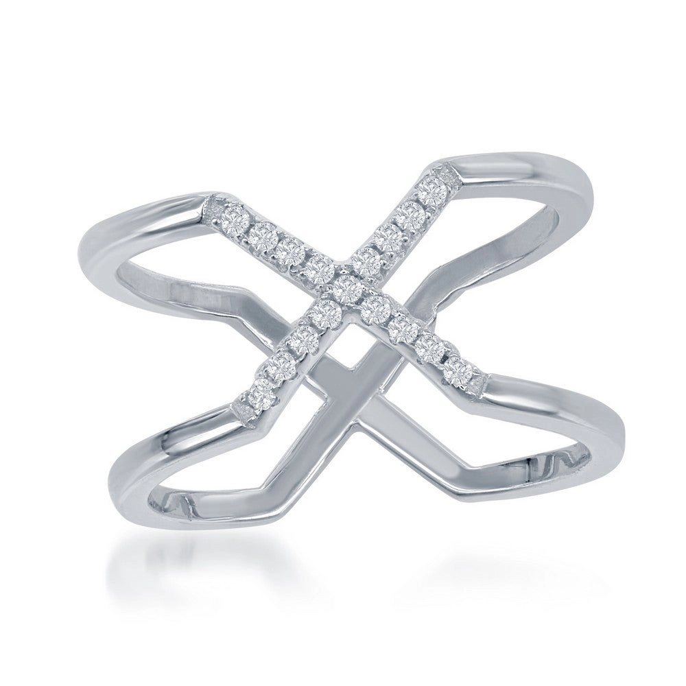 Sterling Silver Center CZ X Double Band Ring - W-1371