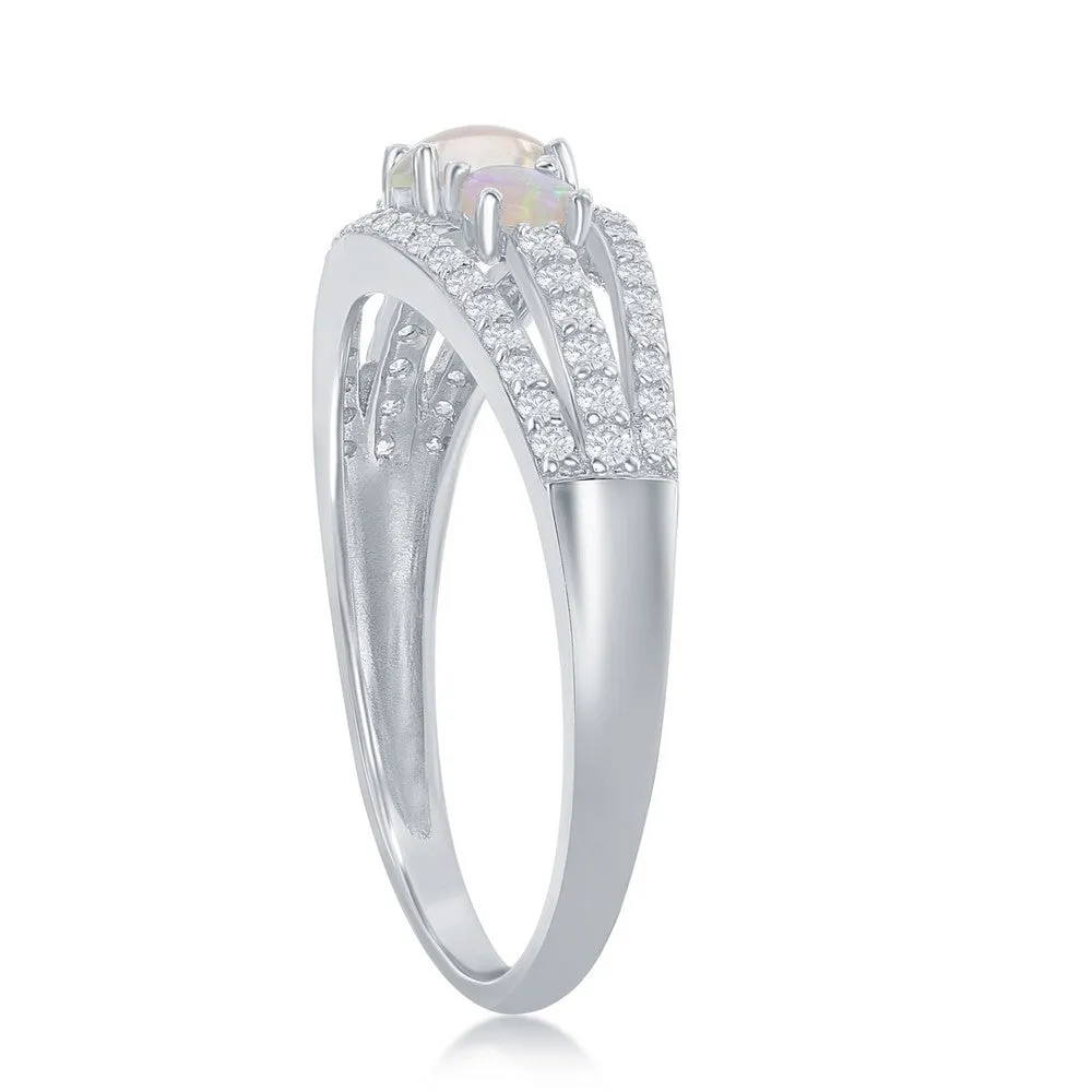 Sterling Silver Three-Stone White Opal CZ Band Ring - W-2108
