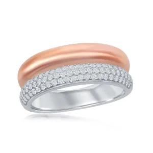 Sterling Silver TT Micro Pave Rose GP Double Band Ring - W-2053