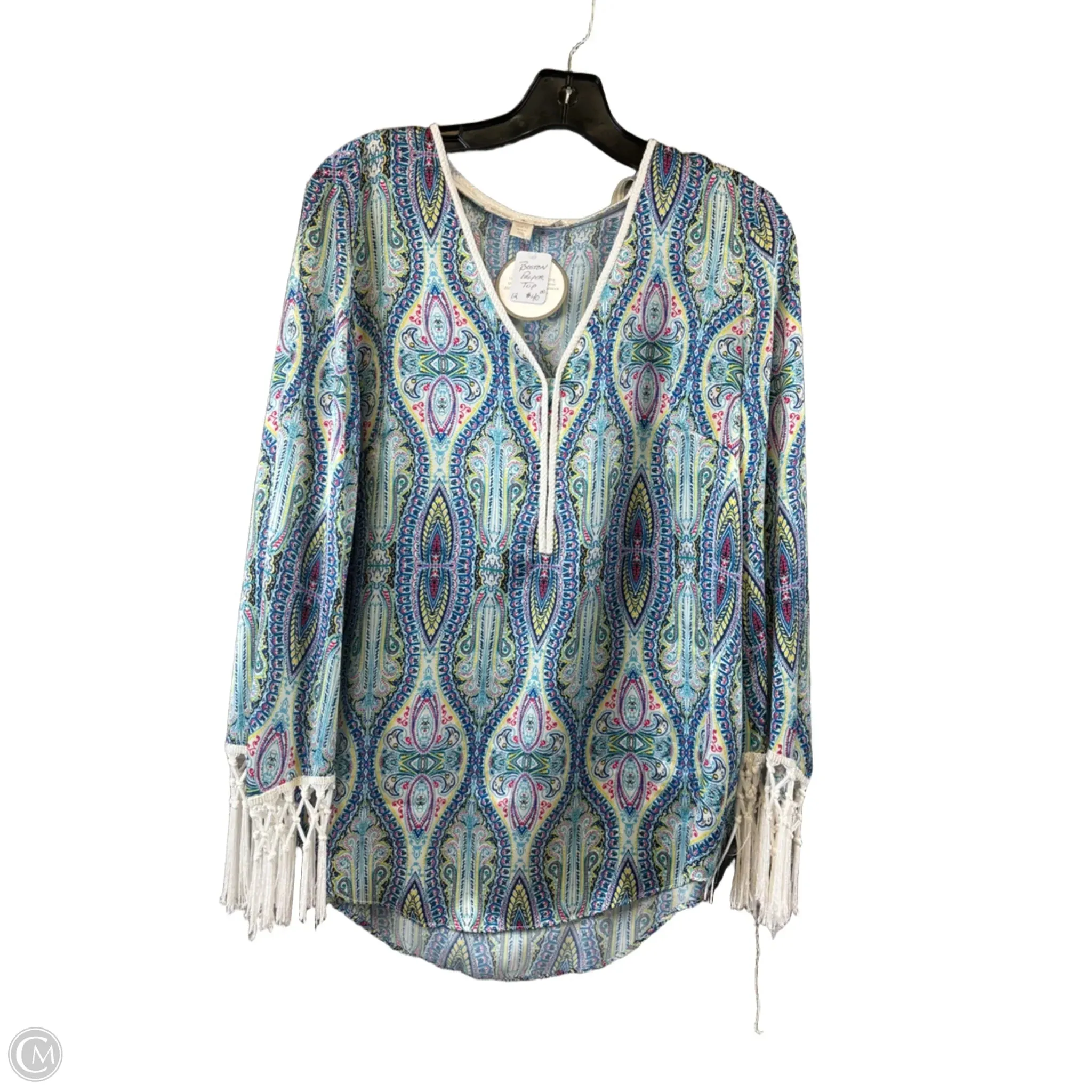 Top Long Sleeve By Boston Proper In Blue & Yellow, Size: L